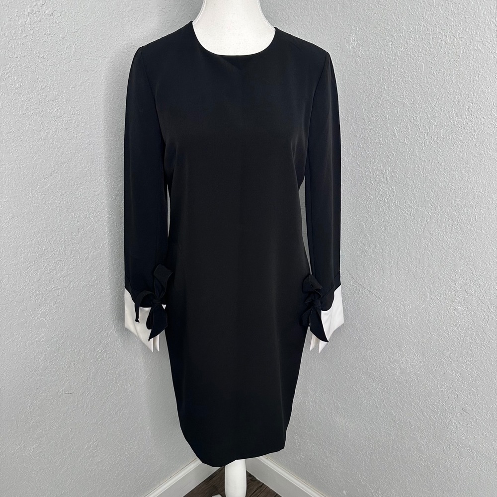 Iris & Ink Black‎ Sheath Dress with White Bow Cuffs Size 8 NWT